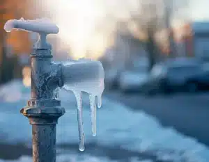 A water faucet with icicles hanging off it