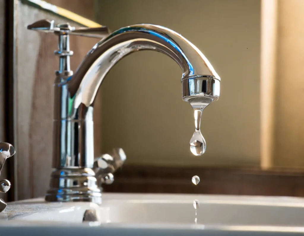 a bathroom sink faucet with a water drop coming out of the spout