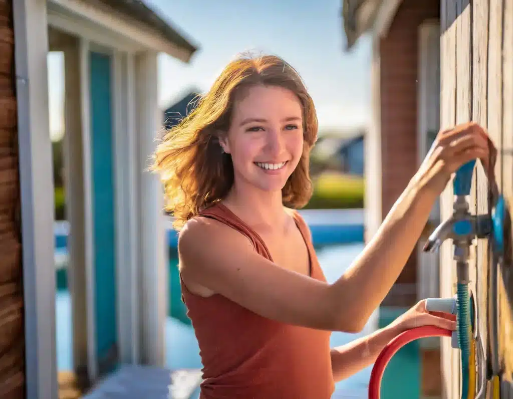 a woman shutting off the water to her house