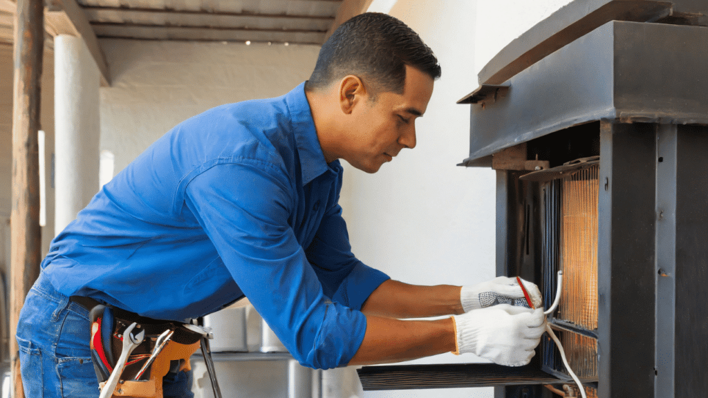 male tech working on a home furnace repair
